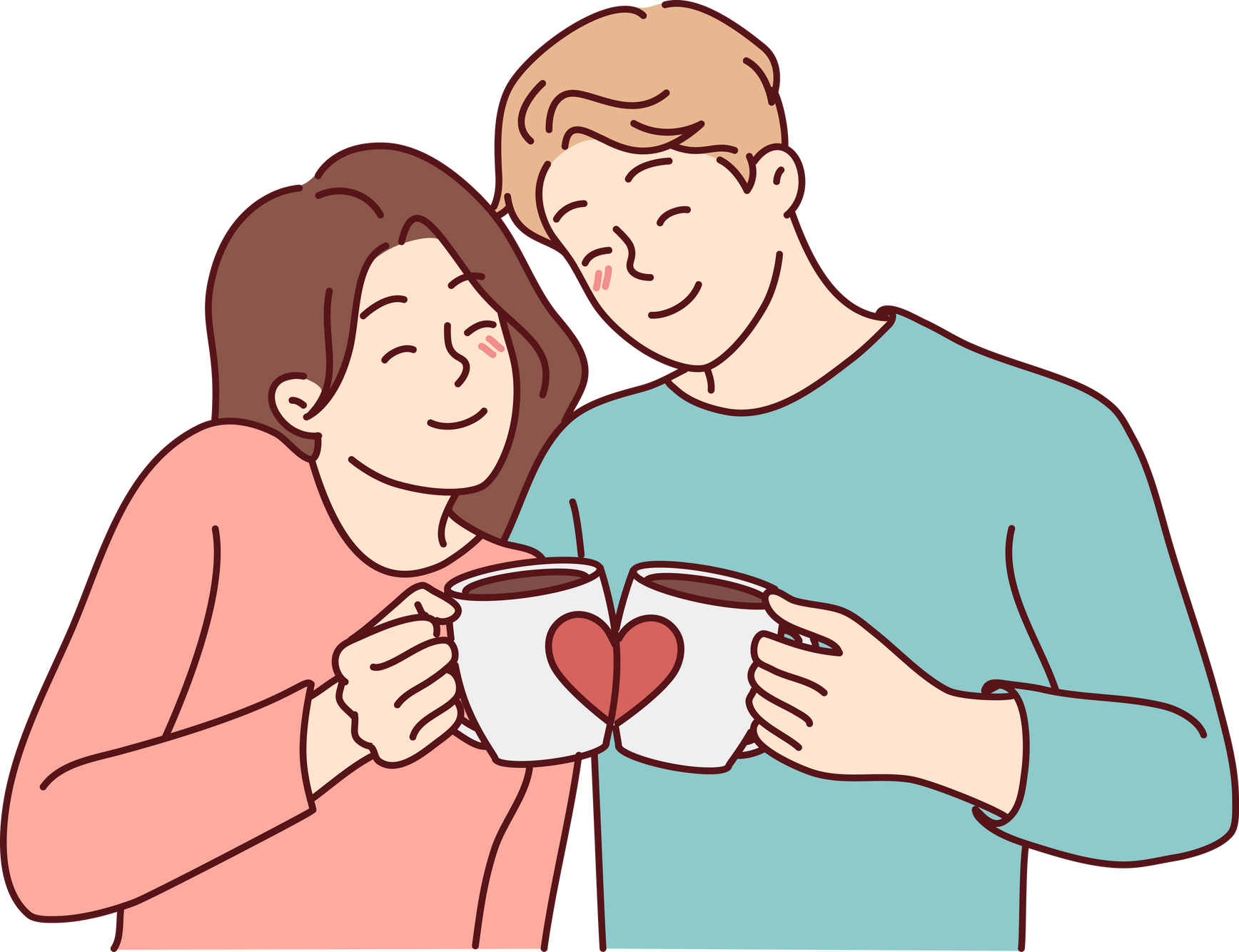 Happy couple hug drink coffee from cute cups